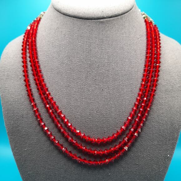 Vintage Red Crystal Beaded Necklace, Rhinestone End Bars, 1950s Vintage Jewelry - Picture 1 of 12